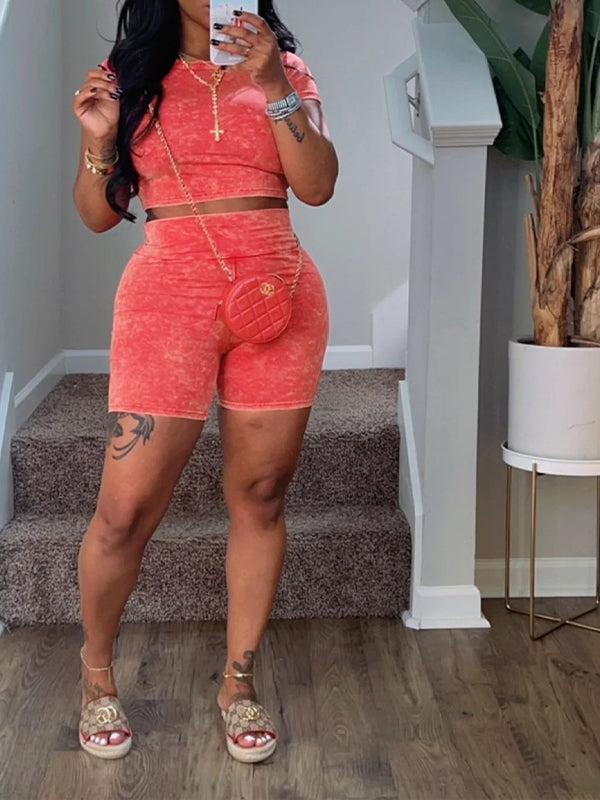 Printed Tee & Biker Shorts Set Red