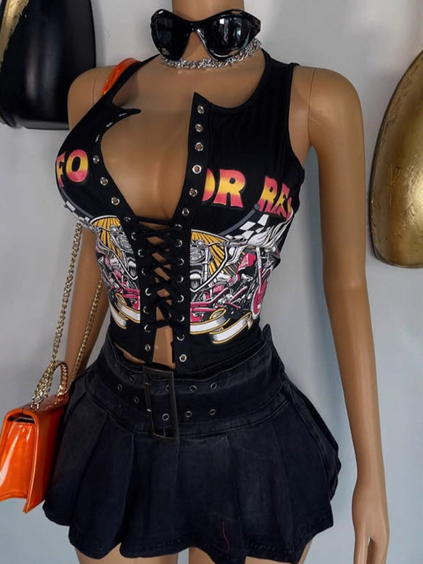 Printed Lace-Up Tank Top