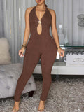 Cutout Halter Skinny Jumpsuit Brown