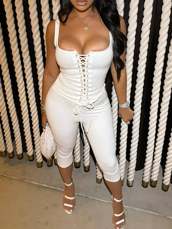 Lace-Up Tank Top & Capri Pants Set White