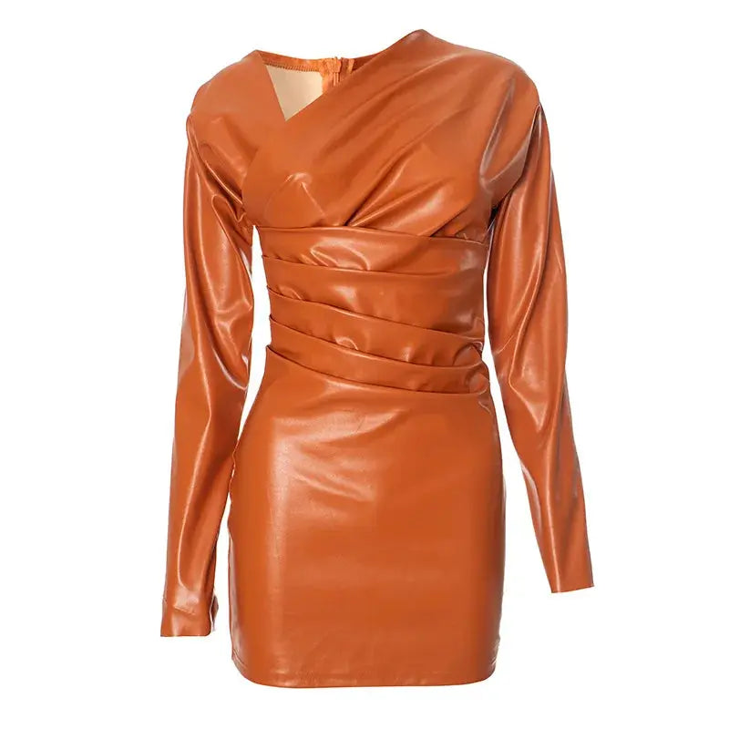 Orange Leather Pleated Mini Dress
