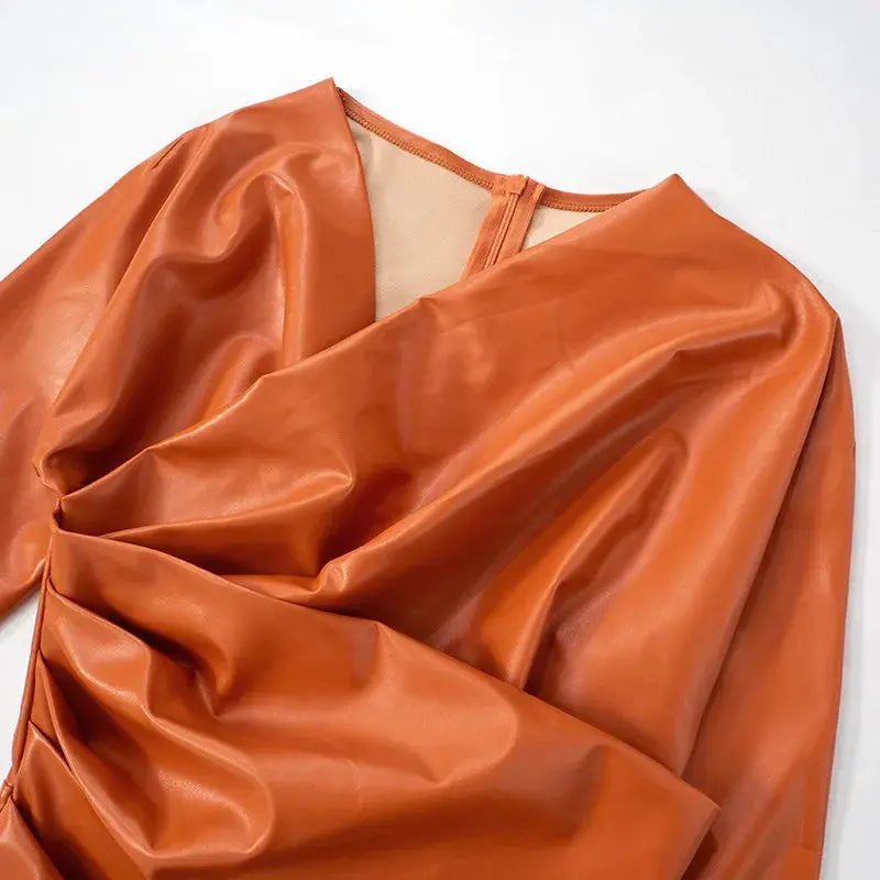 Orange Leather Pleated Mini Dress