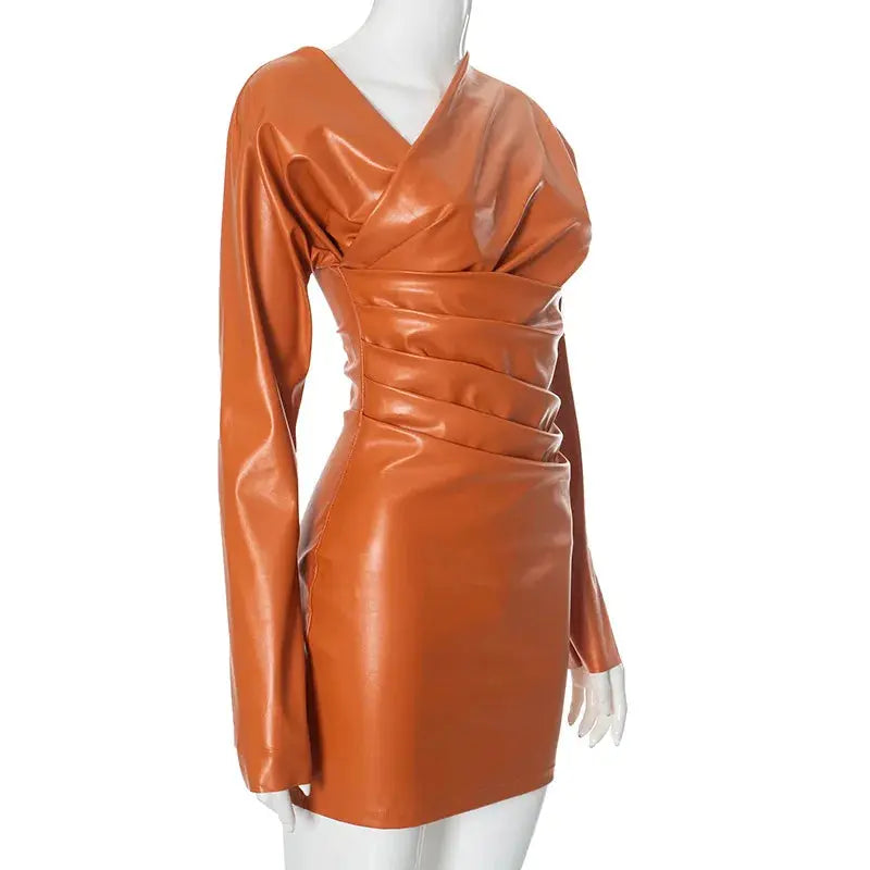 Orange Leather Pleated Mini Dress