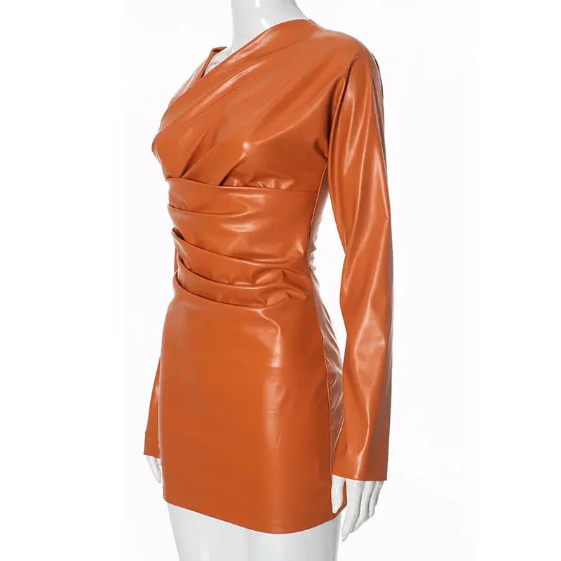 Orange Leather Pleated Mini Dress