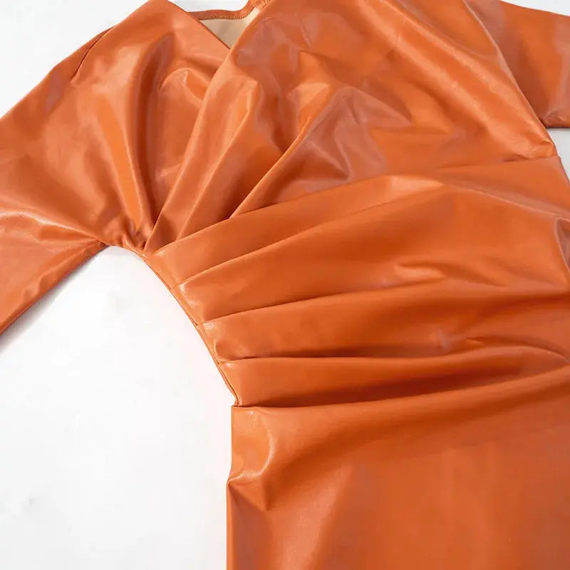 Orange Leather Pleated Mini Dress
