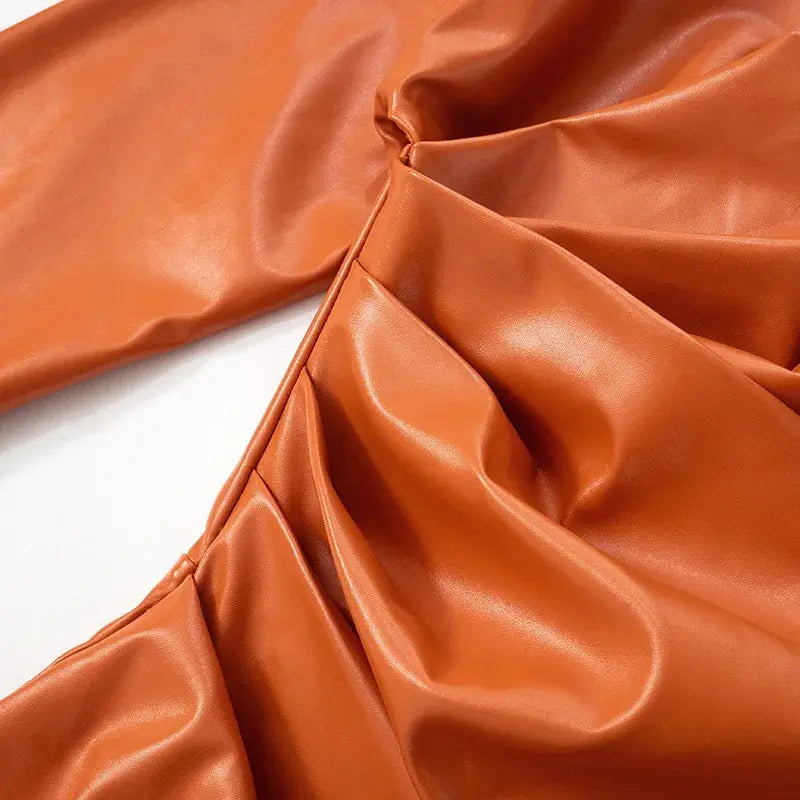 Orange Leather Pleated Mini Dress