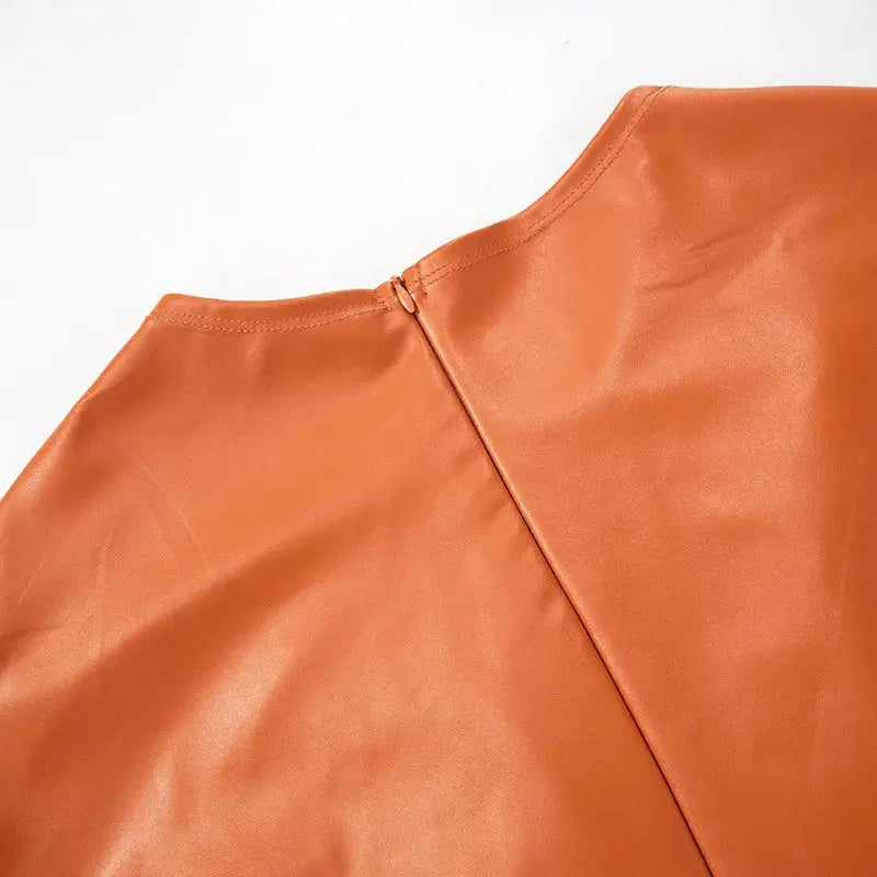 Orange Leather Pleated Mini Dress
