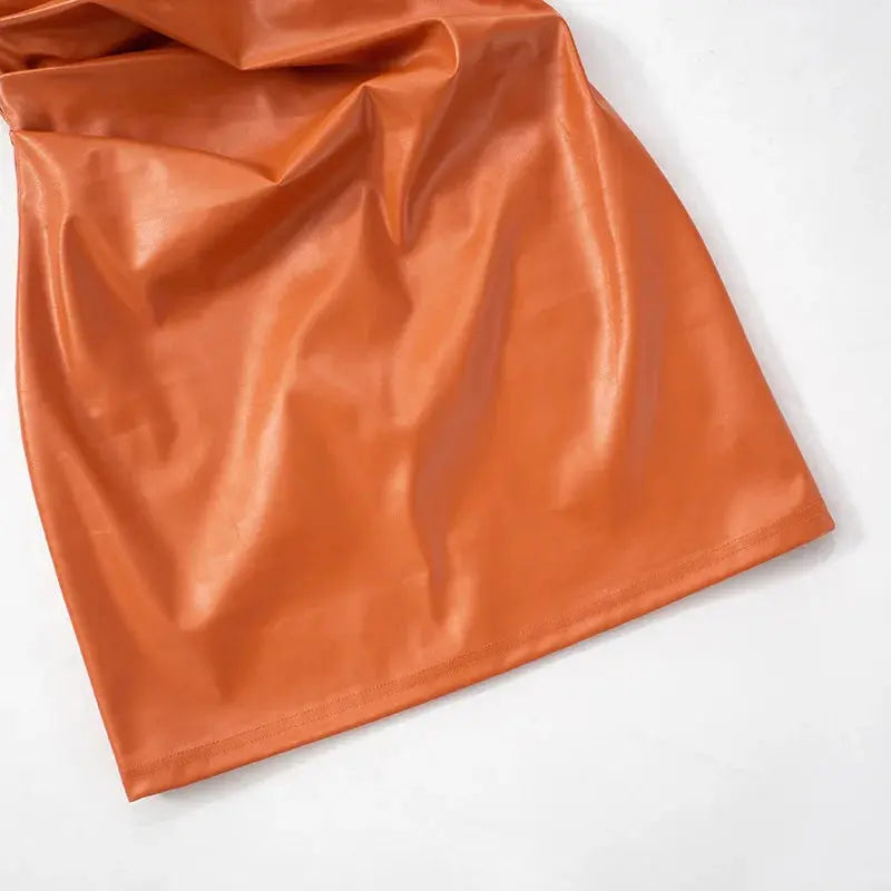 Orange Leather Pleated Mini Dress