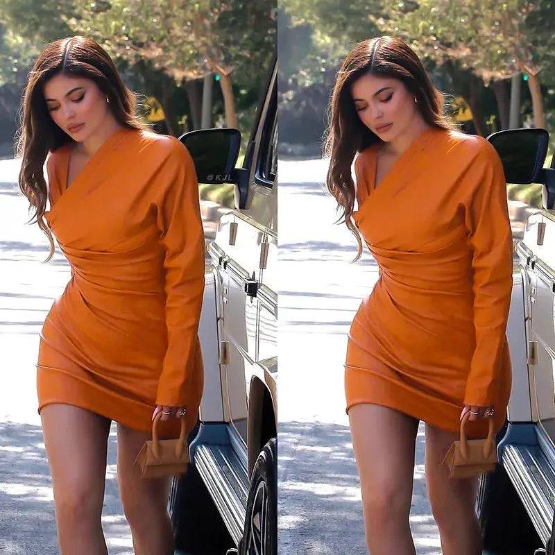 Orange Leather Pleated Mini Dress
