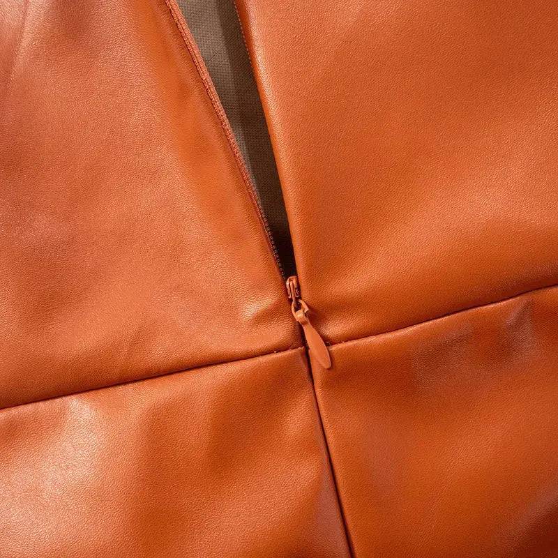 Orange Leather Pleated Mini Dress