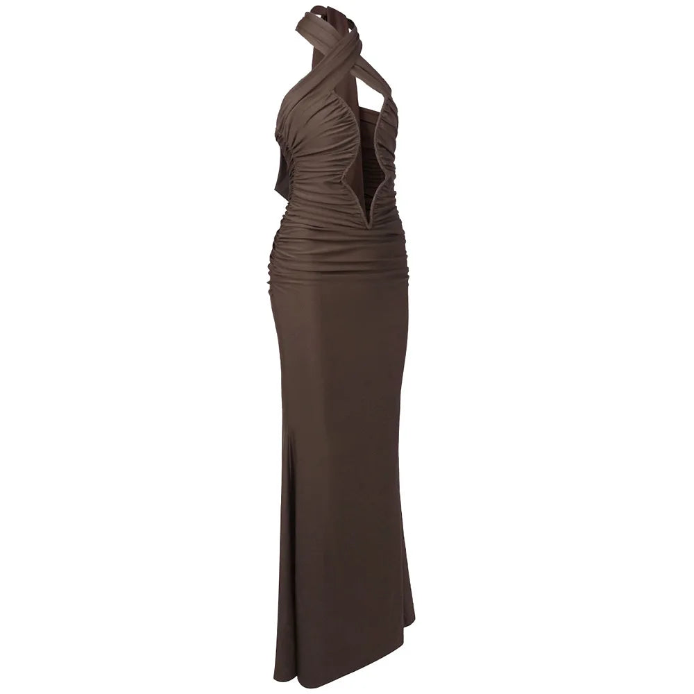 Brown Ruched Maxi Dress