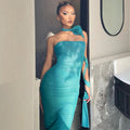 Flower Scarf Strapless Elegant Dress Blue