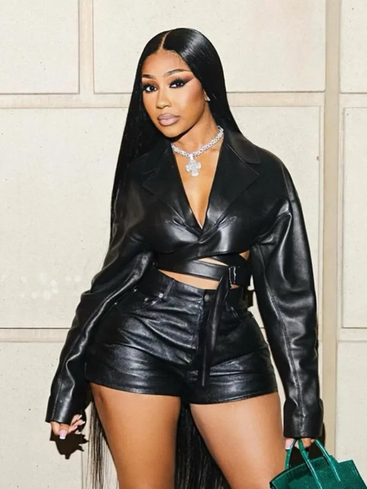 Black Leather Short Set Black
