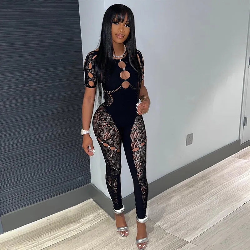 Mesh Hollow Out Stretchy Jumpsuit Black