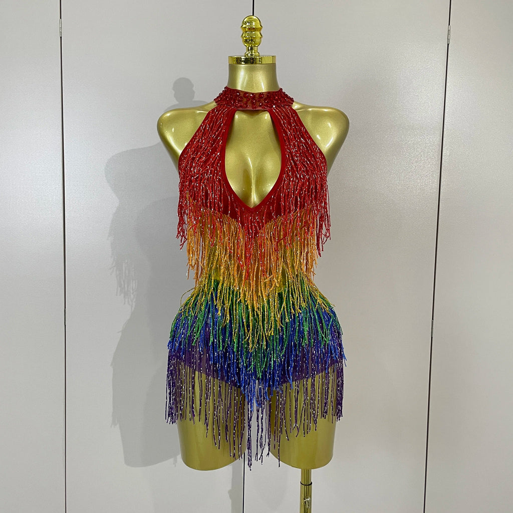 Rainbow Mesh Fringe Bodysuit