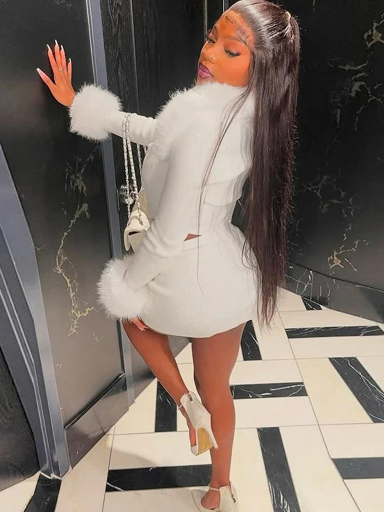Shawl Fur Skirt Set