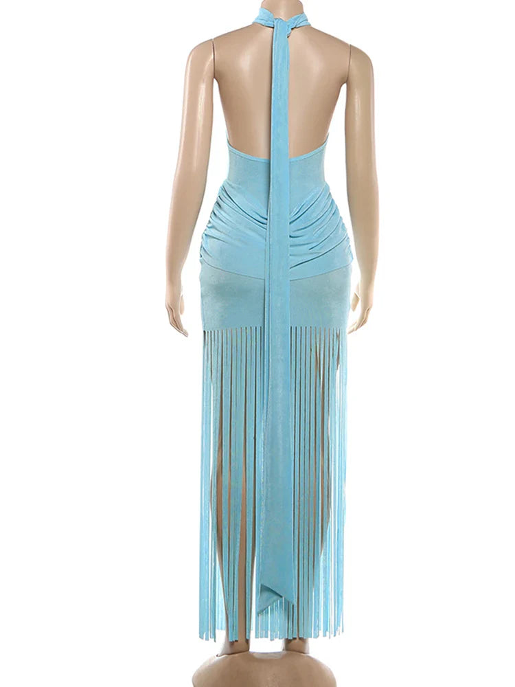 Velvet Ruched Tassel Backless Dress