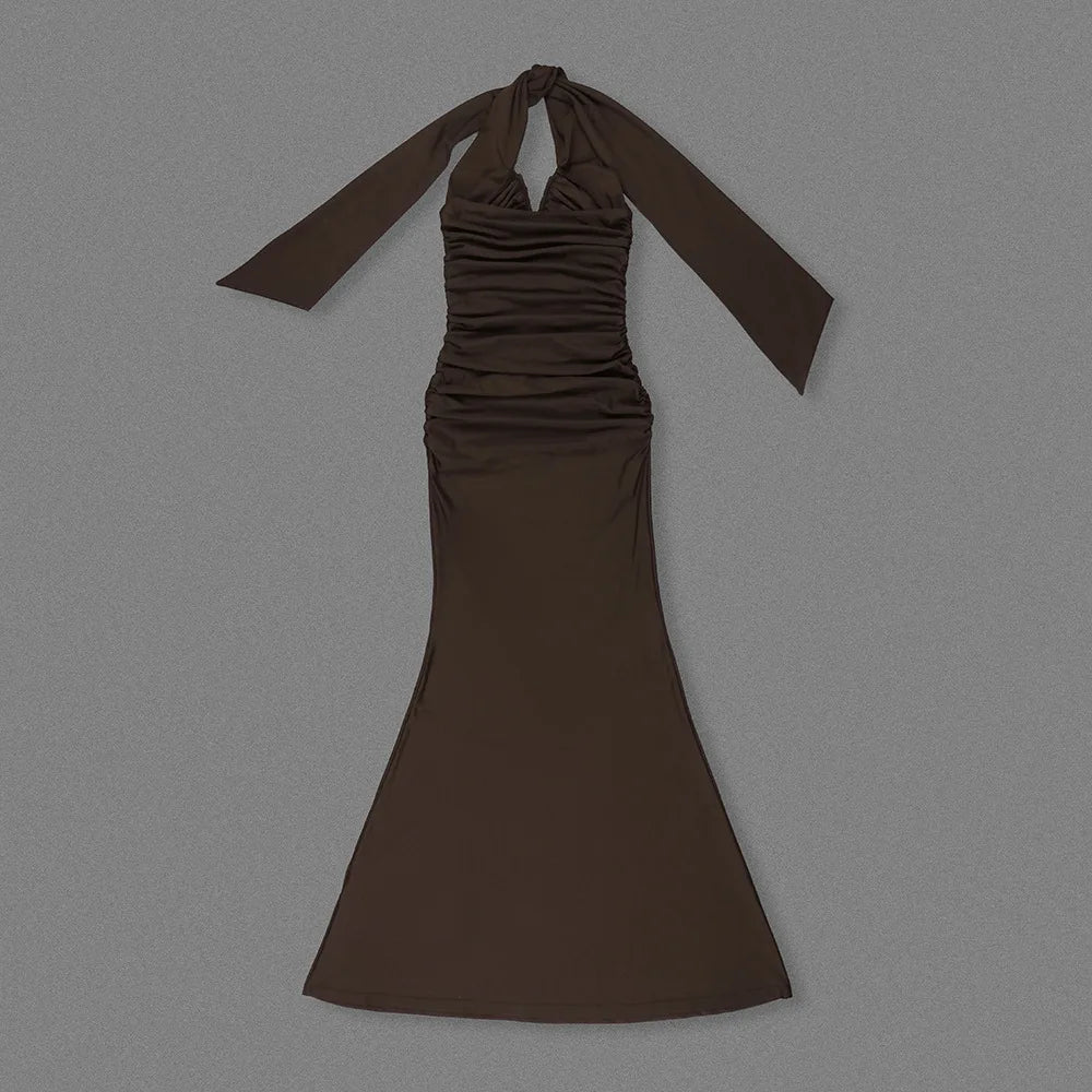 Brown Ruched Maxi Dress