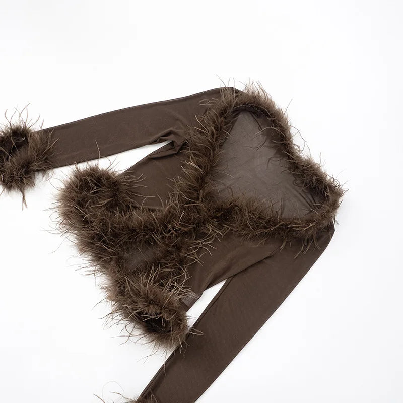 Fluffy Feather Mesh Pants Set
