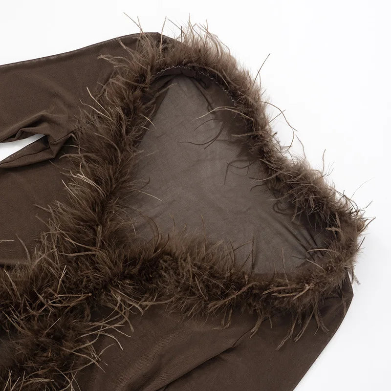 Fluffy Feather Mesh Pants Set