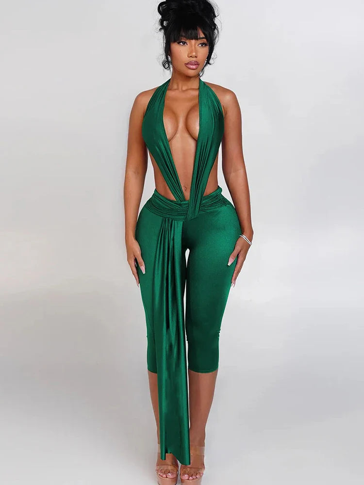 Ribbon Backless Romper green