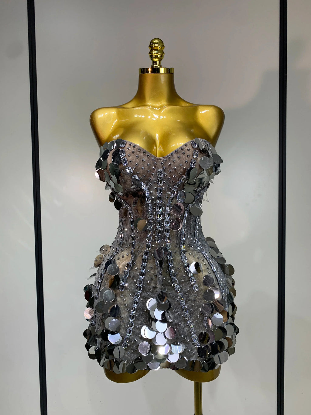 Silver Rhinestone Sequins Mini Dress