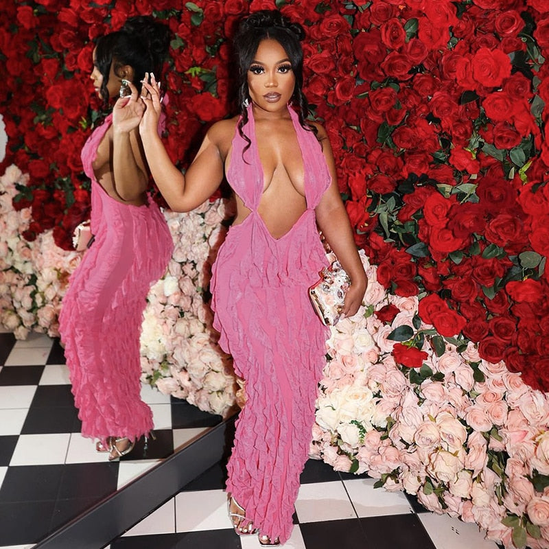 Deep Cleavage Sexy Maxi Dress Pink