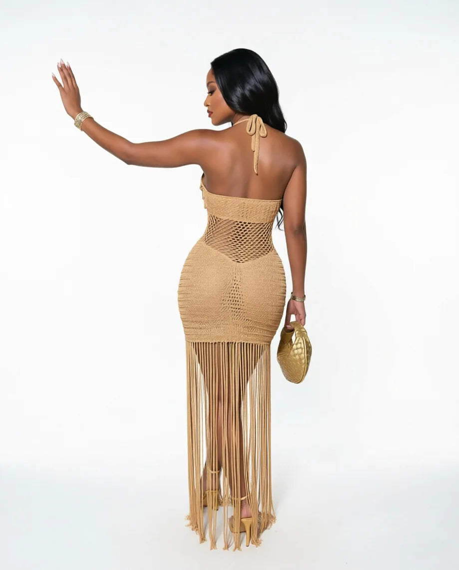 Sequined Knitted Fringe Maxi Dress