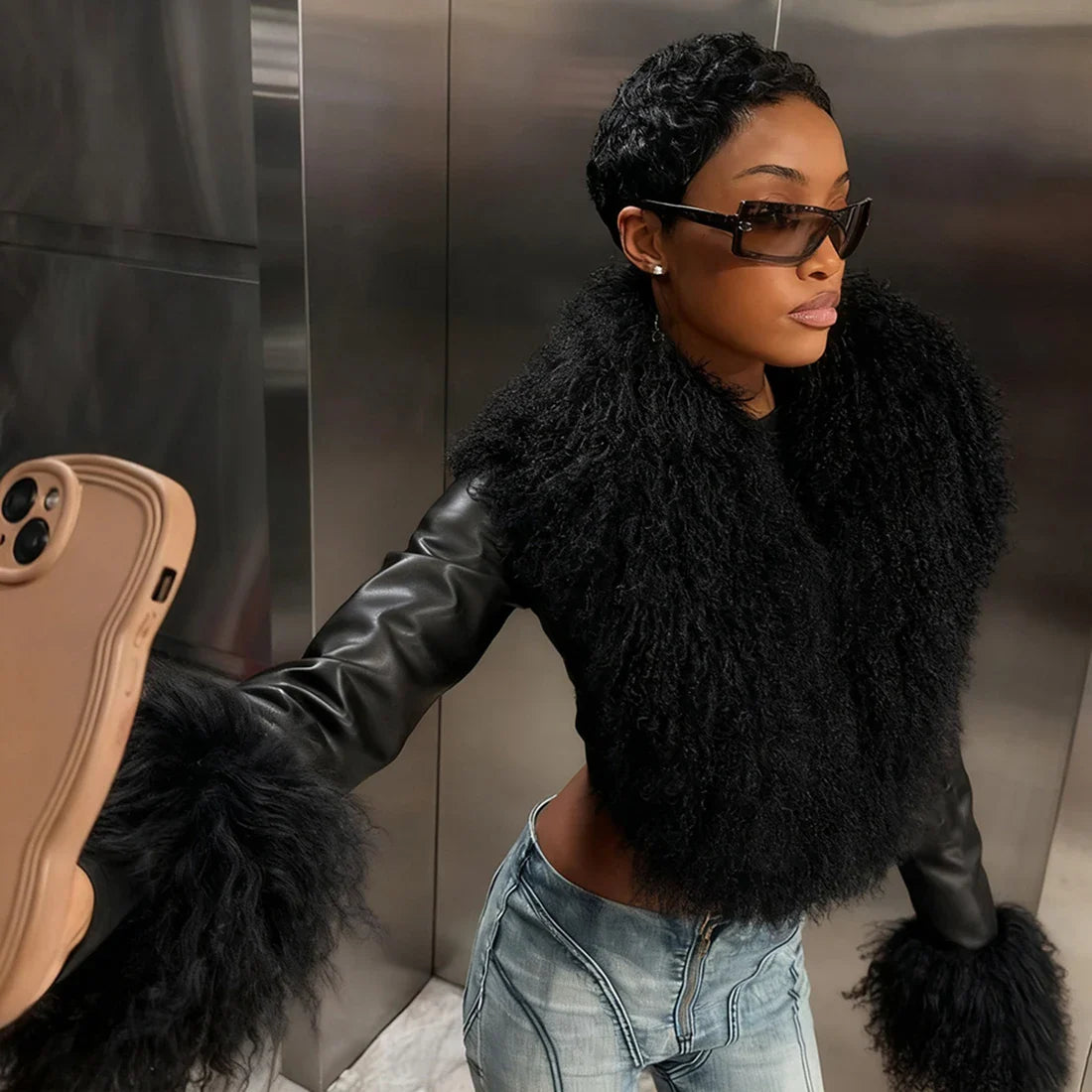 Faux Leather Fur Jacket Black