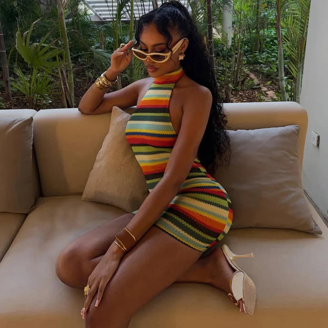 Striped Halter Knitted Mini Dress