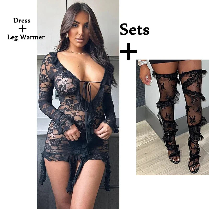 Lace Ruffles Tassel Dress Set Sets black