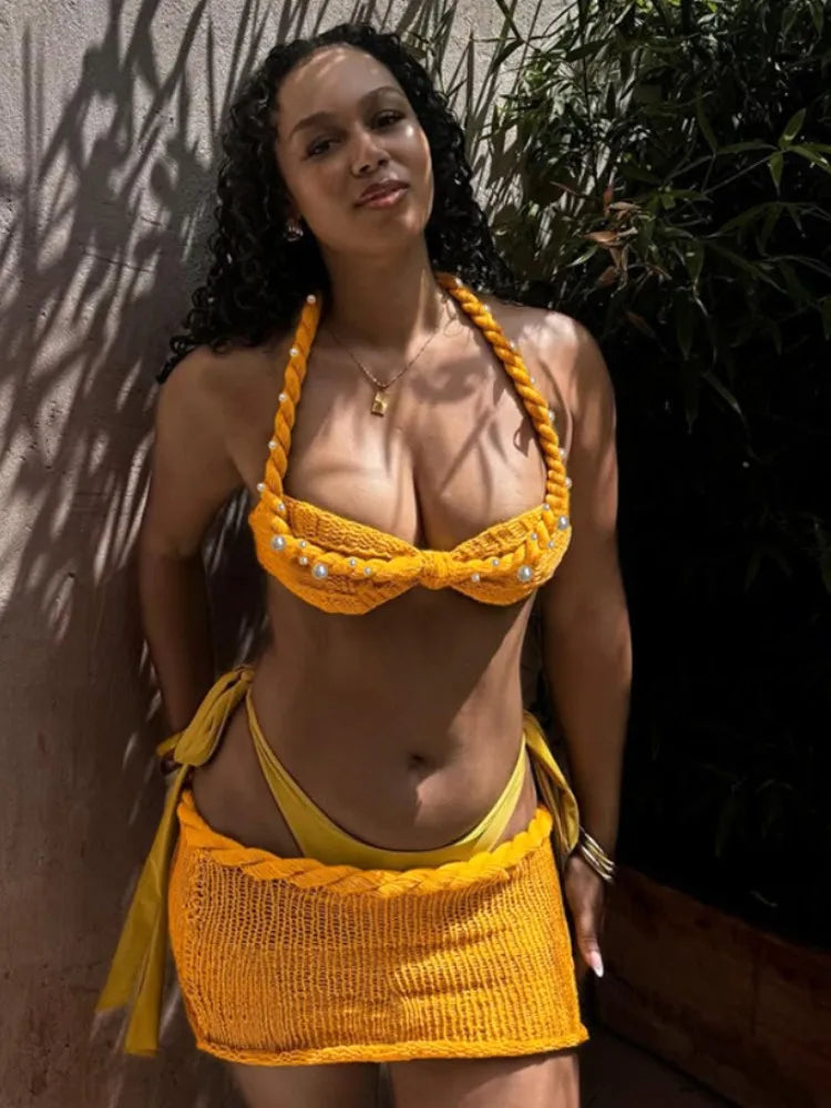 Pearl Plait Crochet Mini Skirt Set Yellow