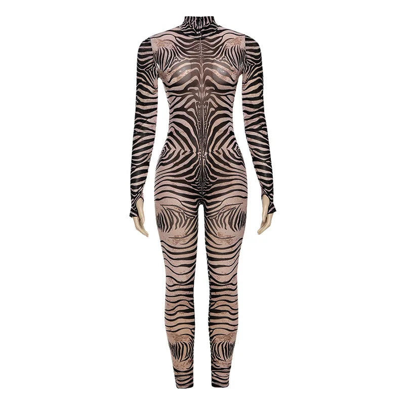 Zebra Print Mesh Jumpsuit