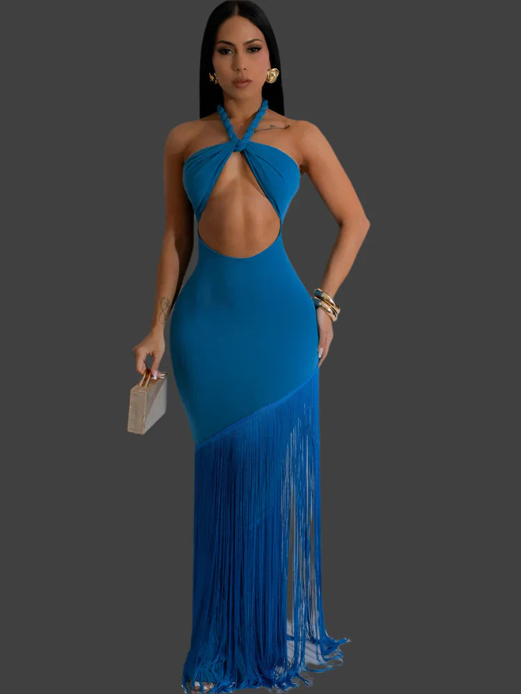 Royal Fringed Tassel Dress Blue