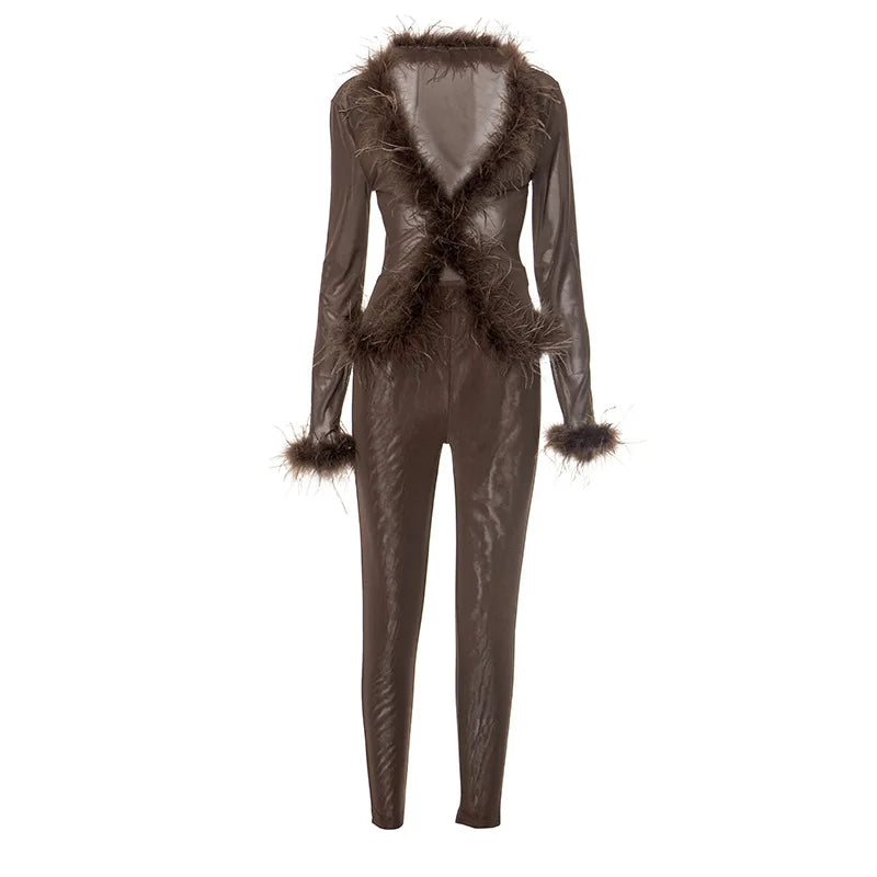 Fluffy Feather Mesh Pants Set Brown