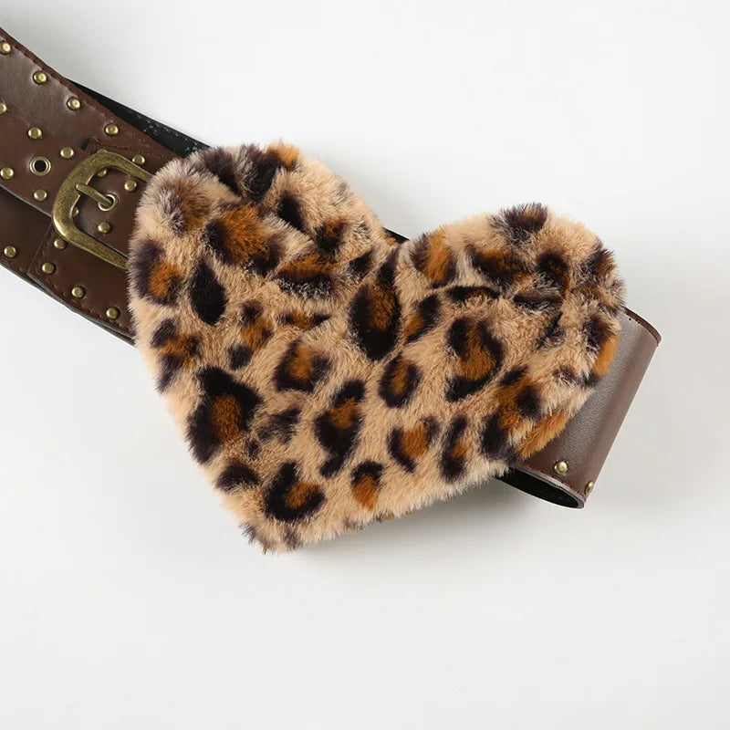 Leopard Fur Heart Leather Buckle Belt
