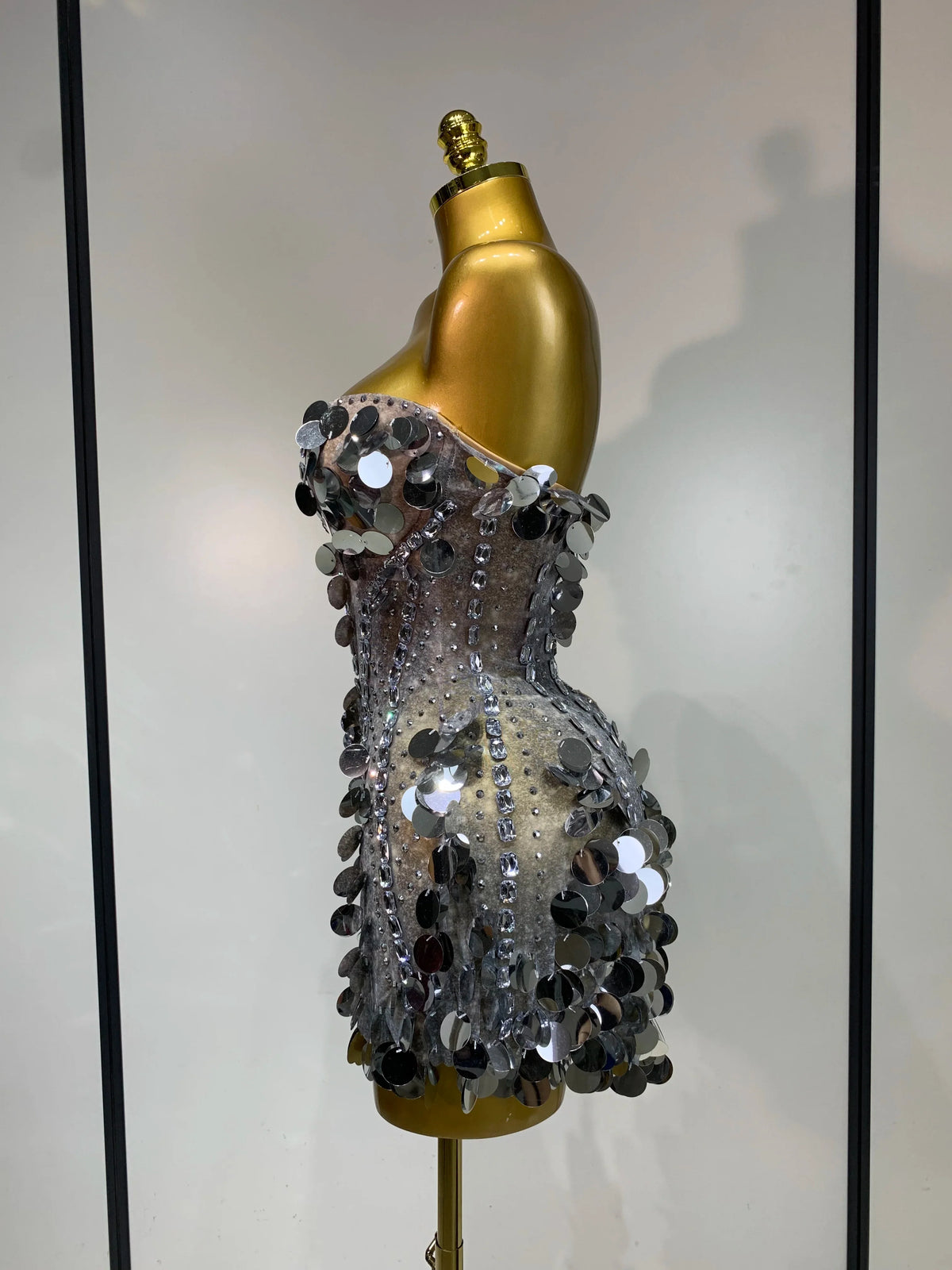 Silver Rhinestone Sequins Mini Dress