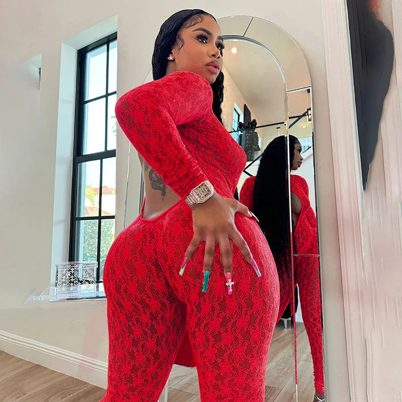 Lace Cut Out Jumpsuit Red