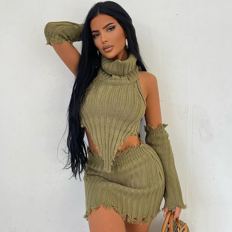 Knit Ribbed Vacation Set With Gloves Green