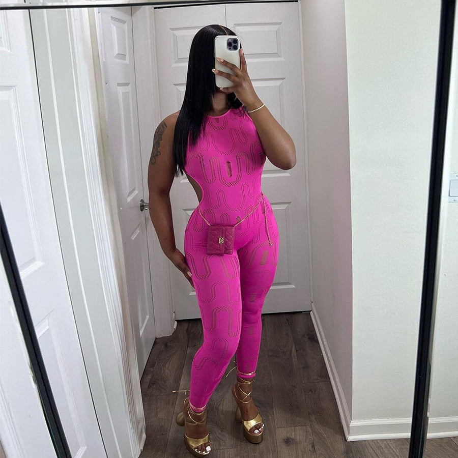 Hollow Out Backless Jumpsuit Pink