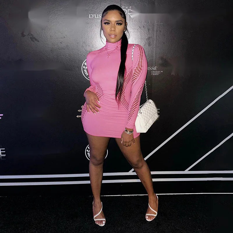 Mesh Hollow Out Stretchy Dress Pink