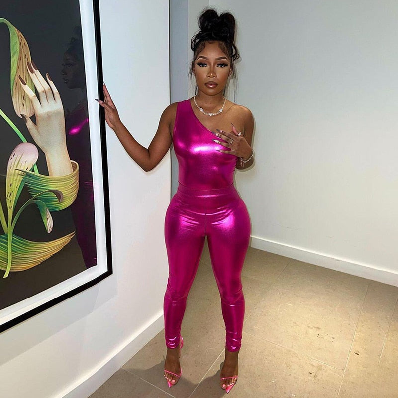 Shiny Metallic Off Shoulder Set Pink
