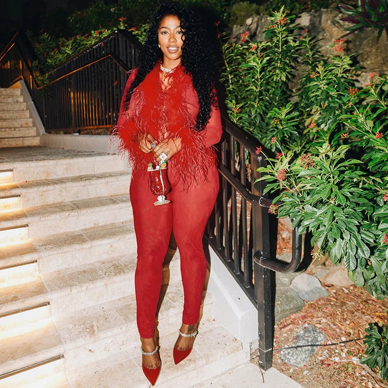 Fluffy Feather Mesh Pants Set