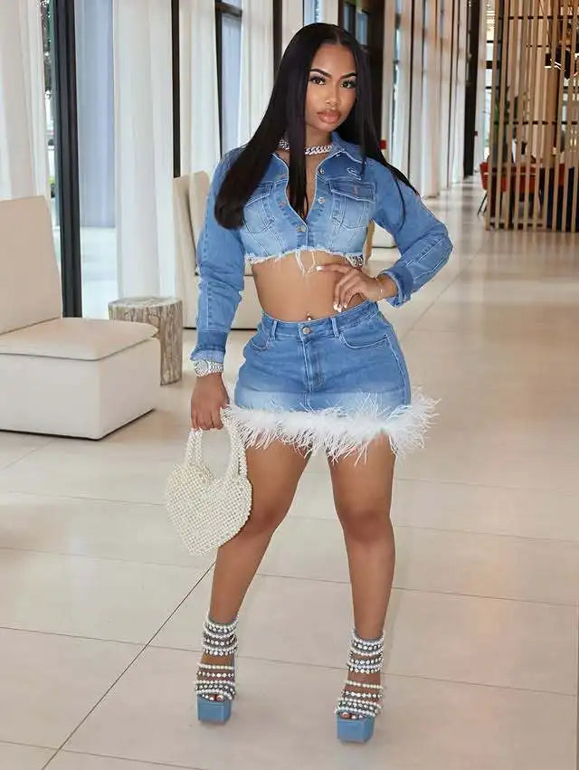 Lusa Denim Feather Skirt Set