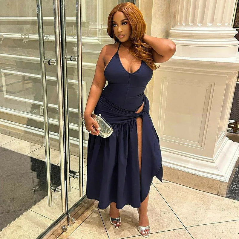 Elegant Bodysuit And Wrap Skirt Set Blue