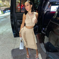 Hollow Out Summer Skirt Set Khaki