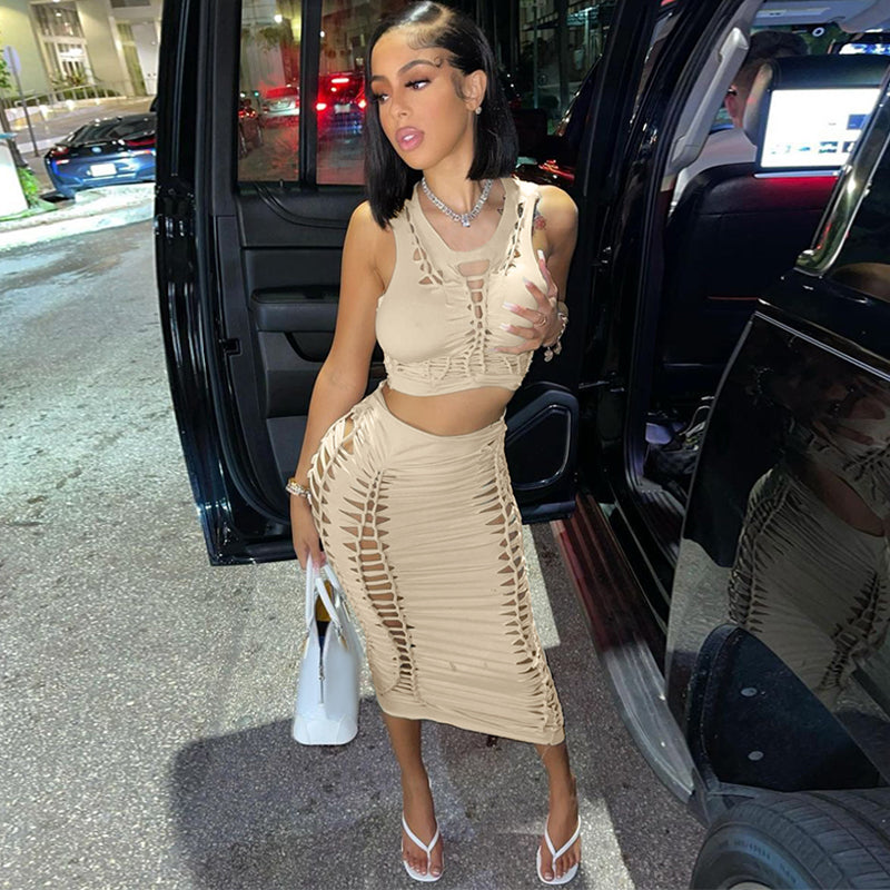 Hollow Out Summer Skirt Set Khaki