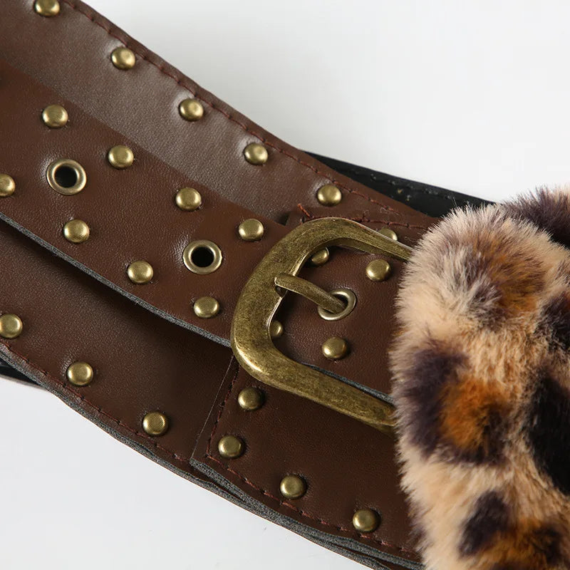 Leopard Fur Heart Leather Buckle Belt