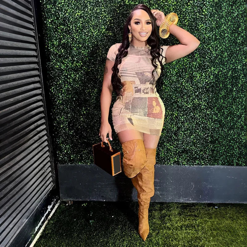 Newspaper Print Mesh Mini Dress