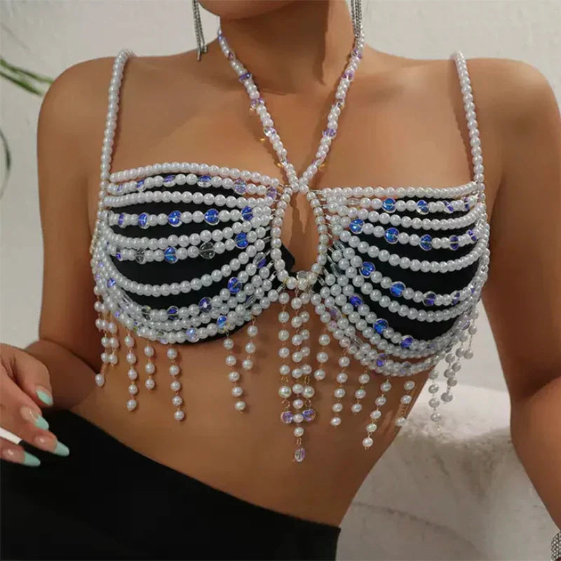 Pearl Tassel Crop Top BLUE One Size